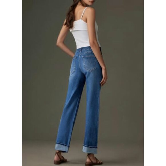 High Waisted Wide Leg Stretch Denim Jeans with Cuffed Hem & Pockets - Picture 3 of 8